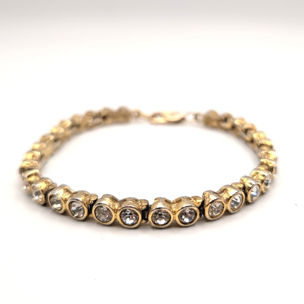 Gold Tone Bezel Set Crystal Tennis Bracelet Round Cut 7.5 Inch 16g
